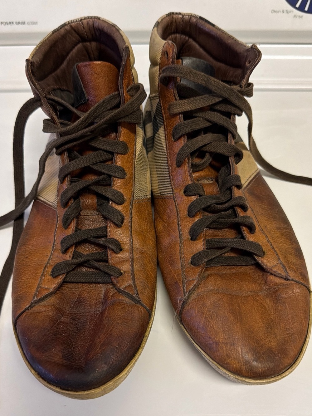 Burberry Brown Leather High-Top Sneakers with Check Panel